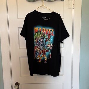 Marvel Avengers Black Tee with Multicolor Superhero Panel Size L